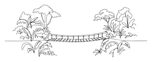 rope bridge in tropical jungle over river monoline vector illustration © Wieslaw