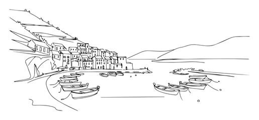 Fototapeta premium coastal italian village with boats and sea vector sketch