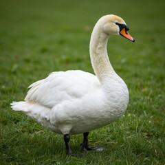 Obraz premium Portrait of a White Swan Standing on Green Grass with Orange and Black Beak