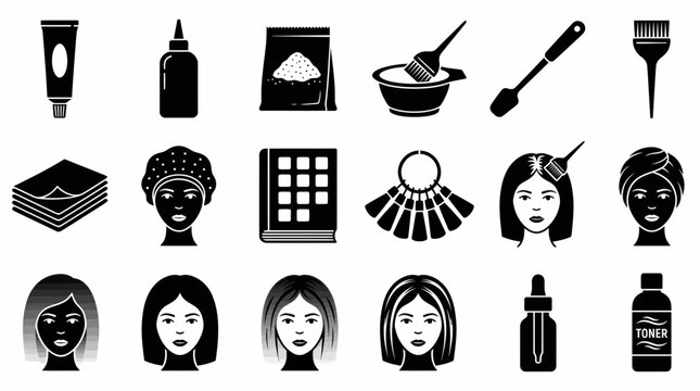 Professional hair coloring and care tools, products, and processes represented as a detailed icon set for salon services, home treatment guides, and beauty industry applications.