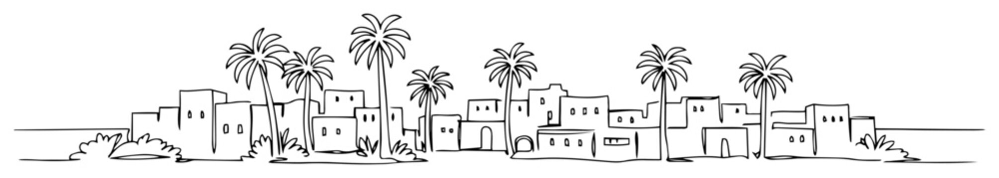 desert oasis village with palm trees houses silhouette monoline lineart vector outline