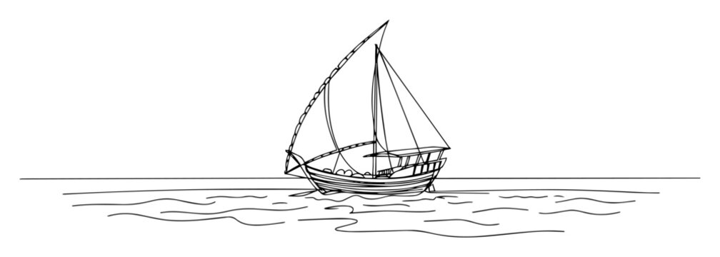 traditional dhow sailboat on calm sea gulf waters monoline lineart vector outline