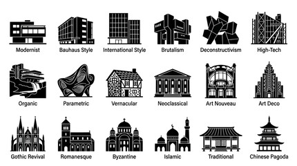 Naklejka premium Set of diverse building styles, from modern to historical, classical to contemporary, ideal for educational, architectural, or historical projects.