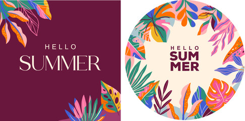Obraz premium Exotic Hello Summer square and round frame background with colorful jungle leaves. Modern tropical banner and poster vector template.