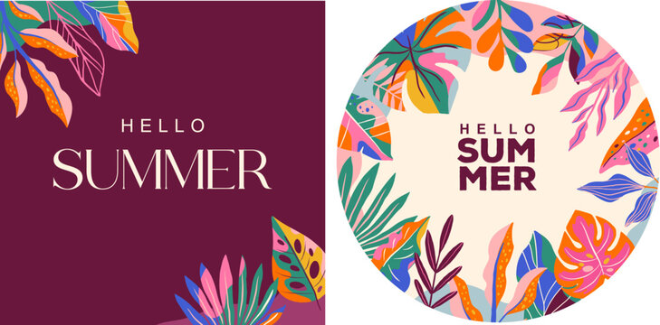 Exotic Hello Summer square and round frame background with colorful jungle leaves. Modern tropical banner and poster vector template.