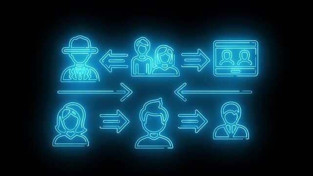 Neon-lit flowchart illustration of people interacting with arrows on a black background.