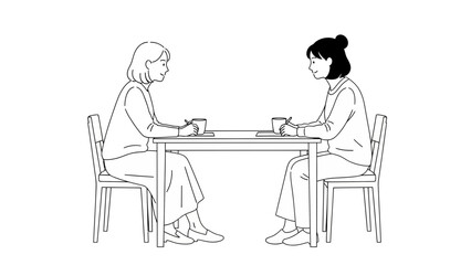 Fototapeta premium Two Asian women sitting at a table with drinks, engaged in conversation or working. Ideal for themes of friendship, collaboration, meeting, and social connection.