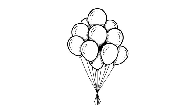 Hand drawn sketch of a festive bunch of flying balloons tied together with strings, ideal for celebrating happy events, birthdays, or party announcements.