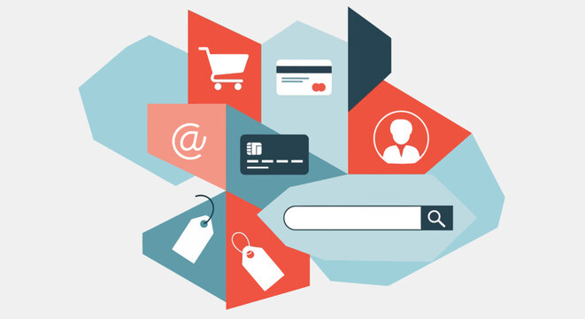 E-commerce icons, online shopping symbols, digital payment graphics, web store signs, 8 vector elements