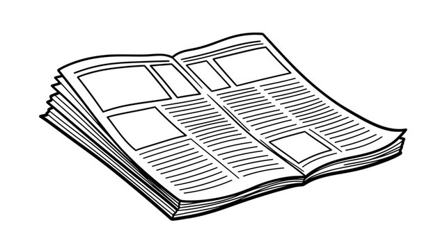 Open newspaper outline sketch showing layered pages with news content sections and text, symbolizing journalism, current events, and communication media for various projects.