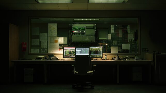 Modern empty control room workstation with three glowing monitors showing data and charts, evoking surveillance, cybersecurity and data analysis in a dim, professional operations center