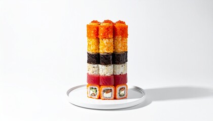 寿司タワー・軍艦巻き・いくら・うに・SNS映え・フォトジェニック・カラフル・インスタ映え和食／Sushi tower with gunkan maki, ikura uni tobiko colorful stack, Instagram food photography, photogenic Japanese food, eye-catching sushi arrangement