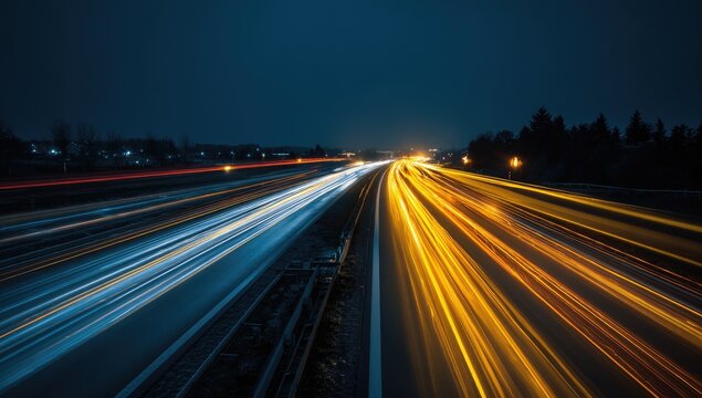 Long exposure shot of car light trails on a multi-lane highway at night