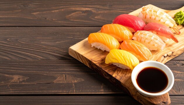 握り寿司・木のまな板・真俯瞰・フラットレイ・和食素材・天然木・物撮り・日本食写真素材／Nigiri sushi flat lay on wooden cutting board, top view Japanese food stock photo, natural wood grain, assorted sushi overhead shot, rustic Japanese food pho