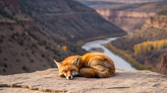 Serene red fox sleeping on a rocky cliff overlooking a peaceful river canyon landscape
