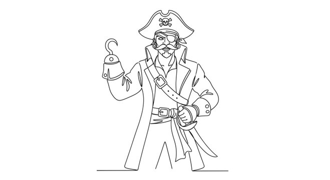 Single line drawing of a pirate with hook and saber, ready for daring adventures. Ideal for logos, prints, or educational materials.