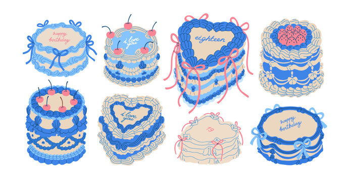 Cakes in vintage style set. Festive patisserie with whipped cream swirls, cherry, bow decor. Round and heart shape holiday confectionery. Flat graphic vector illustrations isolated on white background