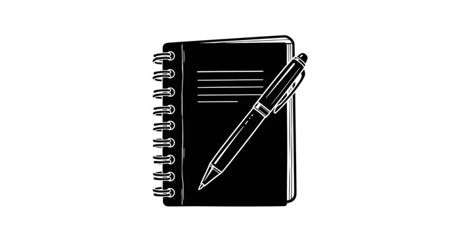 Hand drawn style depiction of a spiral bound journal and writing pen, ideal for productivity, study, or daily note taking design projects.