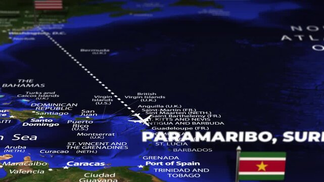 Flight From New York USA to Paramaribo SURINAME with flag pins
