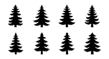 Obraz premium Pine tree silhouettes, 8 evergreen conifer icons, black forest vector set