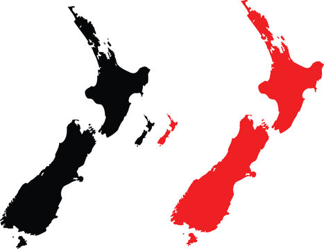 A graphic illustration showing two silhouettes of the country new zealand in black and bright red Vector
