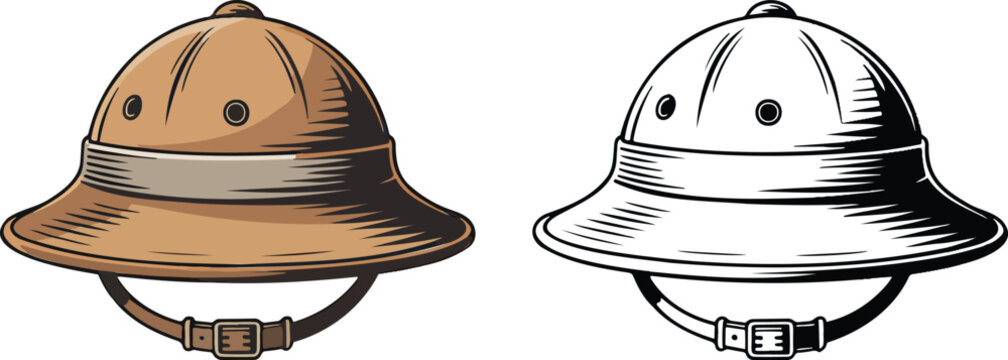 Pith helmet illustration & outline set isolated on transparent background