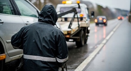 Fototapeta premium Emergency Roadside Recovery Worker Assisting Stranded Motorist During Heavy Rainstorm