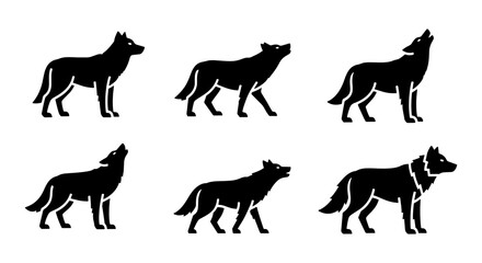 Wolf silhouette icons, howling wild animal set, black coyote vector shapes © MstMithila
