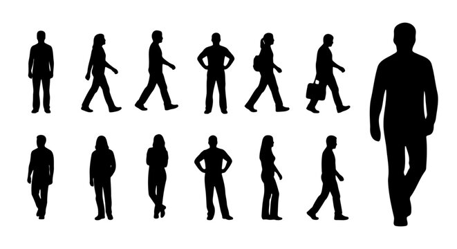 Walking people silhouettes, 13 human figures set, black vector icons
