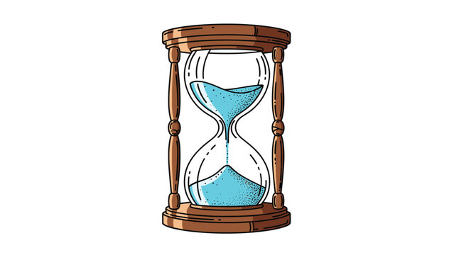 Detailed colored engraving illustration of a classic wooden hourglass with blue sand flowing through the glass.