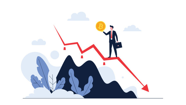 Businessman in suit holding a large Bitcoin coin while standing on a downward trending red graph arrow over hills.