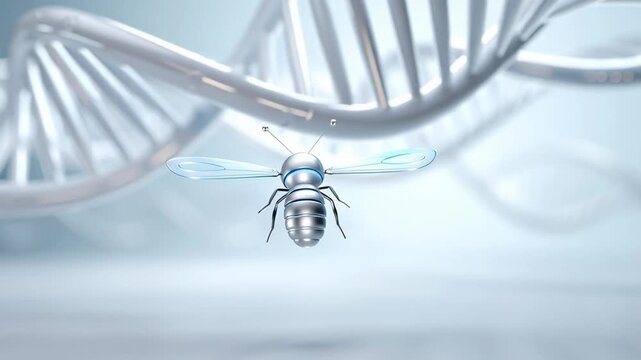 Futuristic robotic insect flying near DNA helix representing biotechnology innovation genetic engineering and advanced nanotechnology concept