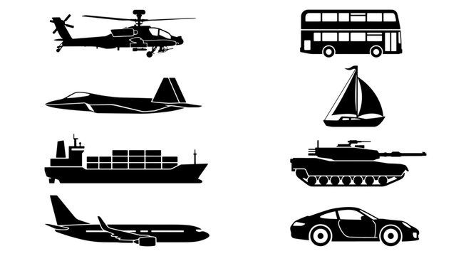 Transport vehicle silhouette set, 8 military and civil icons, vector art