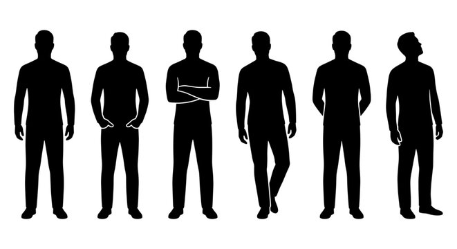 Male silhouette set, standing man figures, black human body vector icons