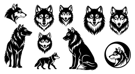 Black wolf head silhouettes, 10 wild animal vector icons, husky dog logos © Md