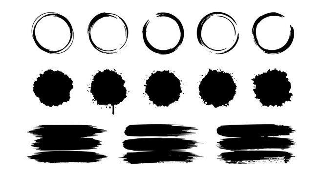 Grunge black ink brush strokes, hand drawn circles and paint splatters set