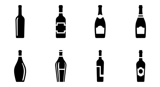 Alcohol bottle icon set, black wine and liquor silhouettes, 8 vector symbols