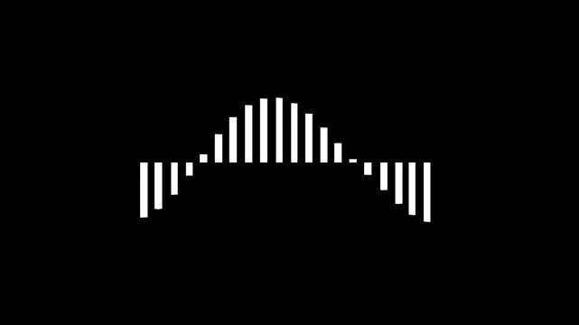 Digital animation of white vertical bars oscillating with an inverted reflection below. Useful for audio waveforms, market volatility, or complex data processing visuals.