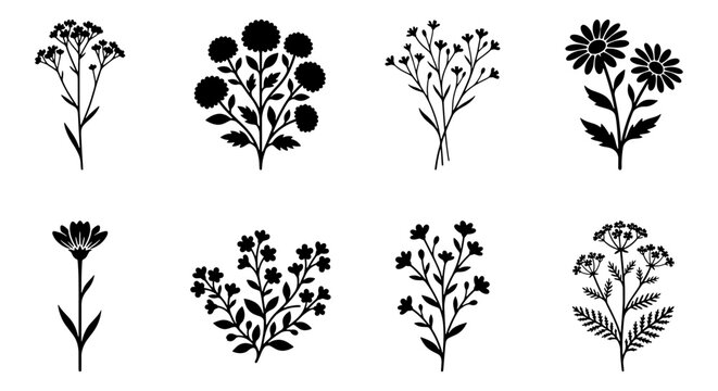 Minimalist Wildflower Silhouettes, 8 Floral Vector Icons, Black Botanical Set