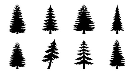 Fototapeta premium Pine tree silhouette collection, 8 evergreen forest vectors, conifer icons
