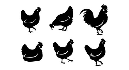 Black chicken silhouette set, 6 farm poultry icons, rooster vector art © Monir
