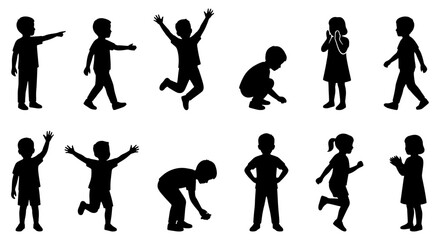 Fototapeta premium Children silhouettes set, 12 kids playing icons, black vector figures
