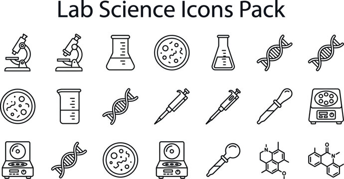 A comprehensive collection of various laboratory science icons featuring chemistry apparatus, biological equipment and modern research technology tools