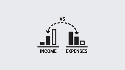 Naklejka premium A graphic illustration comparing income and expenses with bar charts and arrows showing the relationship between financial earnings and spending.
