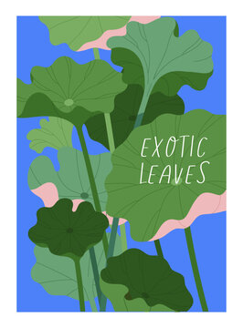 Exotic lotus leaves, tropical leaf plant, botanical card. Green foliage, summer nature, poster design in frame. Greenery, vegetation, vertical background. Flora postcard. Flat vector illustration