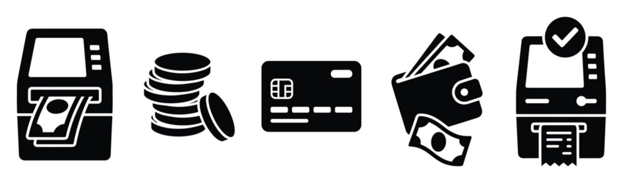 Modern finance payment method icons depicting ATM money withdrawal, stacked currency coins, secure credit card, cash wallet, and banking transaction confirmation for financial applications.