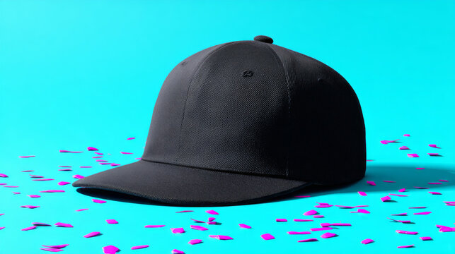 Black snapback hat, plain cap, front view, blue background, confetti, modern style