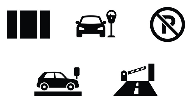 Traffic and parking control system vector icons set featuring car, parking meter, no parking sign, and road barrier, ideal for urban planning and transportation diagrams.