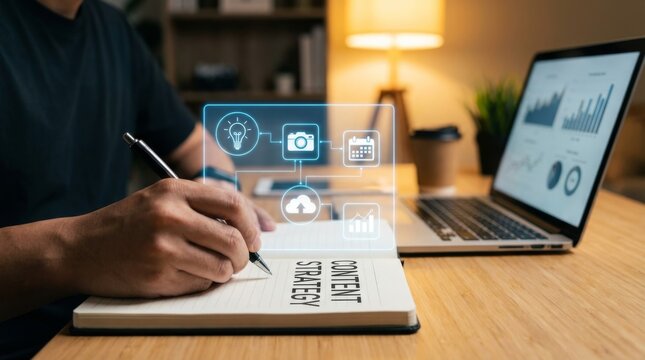 Professional content strategy marketing planning and business workflow productivity with digital media icons and laptop for social media management creative ideas and online growth success