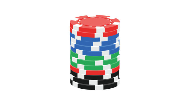 A single tall vertical stack composed of alternating red blue green and black poker chips stands prominently centered against a neutral white background for focus.